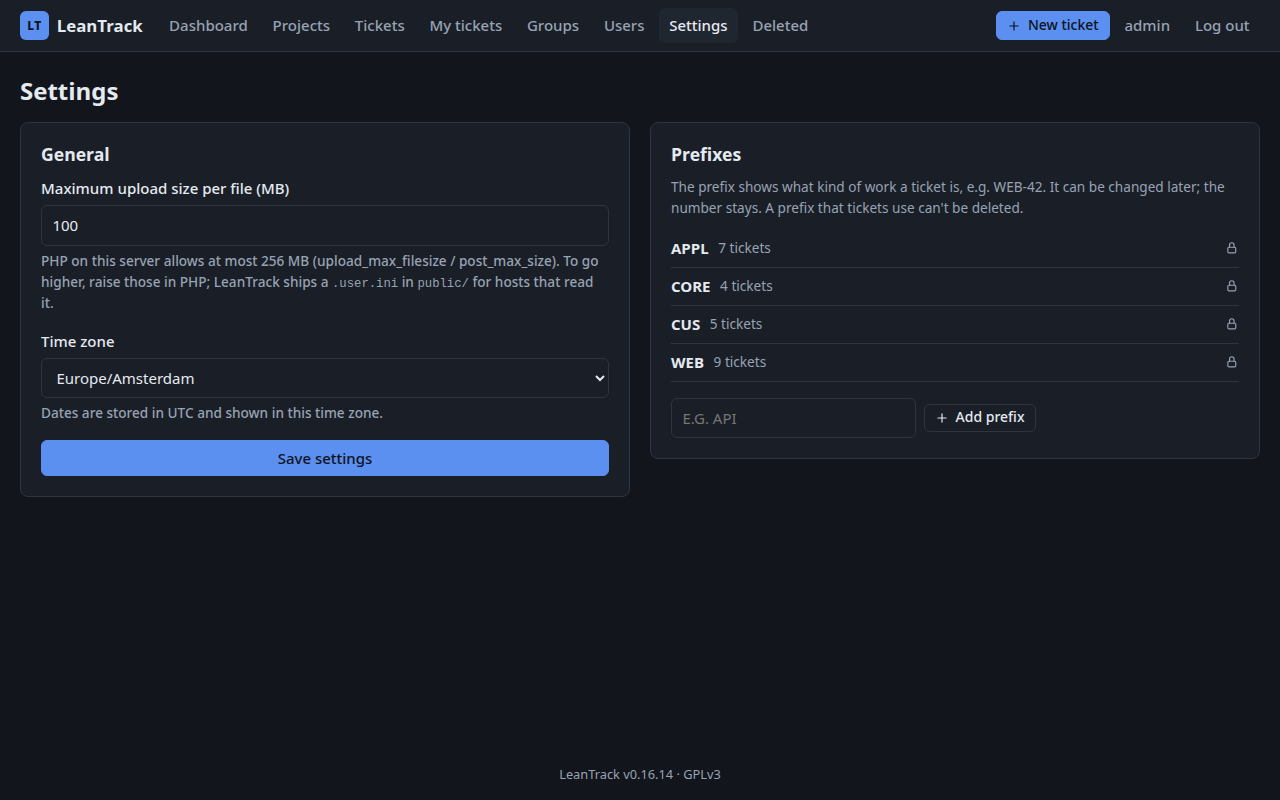 Settings: key prefixes and upload limit in LeanTrack