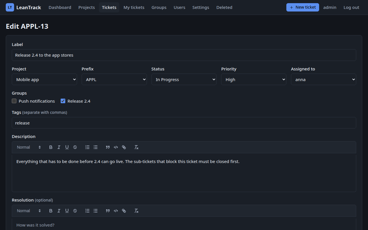 Editing a ticket in LeanTrack