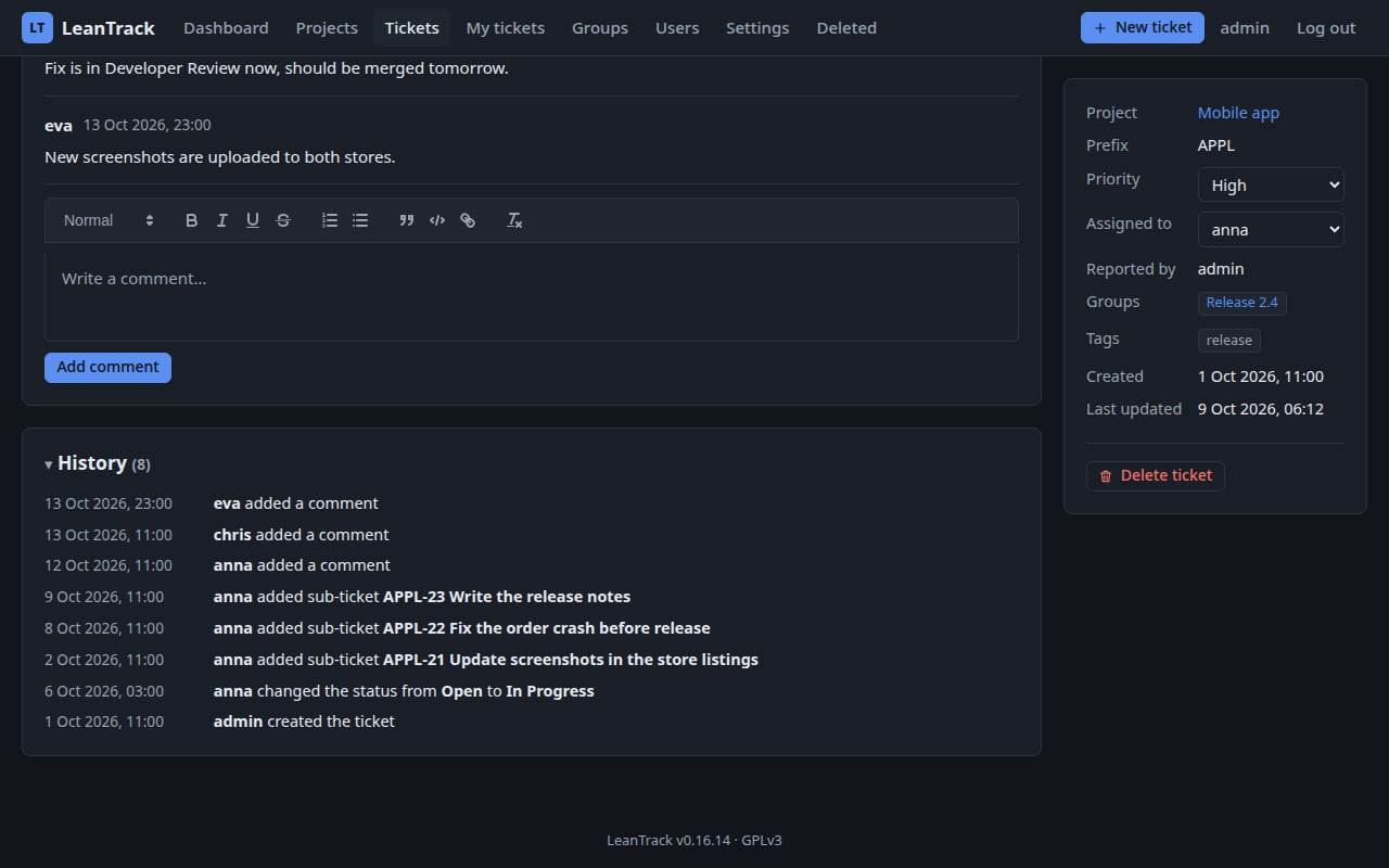 Comments and history in LeanTrack