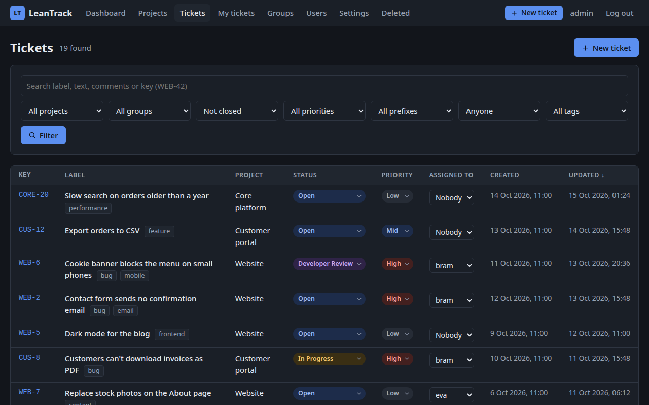 Tickets, with search and filters in LeanTrack