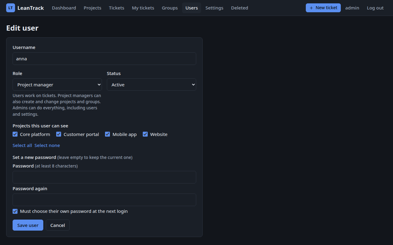 Choosing which projects a user can see in LeanTrack